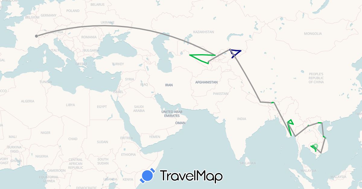 TravelMap itinerary: driving, bus, plane in Bhutan, Switzerland, Kyrgyzstan, Cambodia, Laos, Myanmar (Burma), Nepal, Uzbekistan, Vietnam (Asia, Europe)